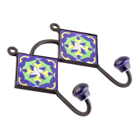  Navy Blue Yellow Floral Tiles Hooks